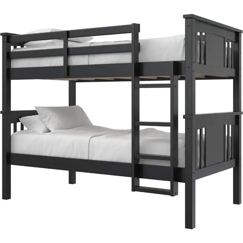 Twin Over Twin Wood Bunk Bed for Kids, Black