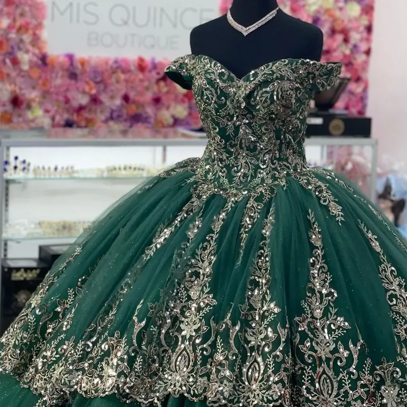 Sparkly Emerald Green Ball Gowns, Vestidos Quinceanera, Apliques de luxo formais, Sweet 15 Graduation Party Dress