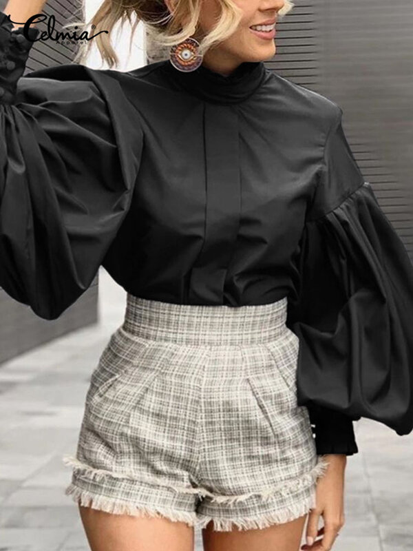 Celmia Leopard Print Blusen Frauen 2023 Mode Laterne Hülse Blusas Casual Stehkragen Chic Tunika Streetwear Oversize Tops