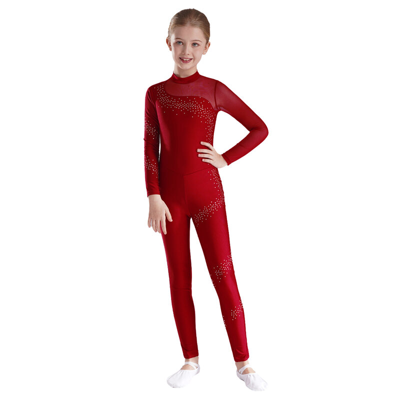 Kids Girls Gymnastics Jumpsuit Dancewear Shiny Rhinestones Sheer Mesh Patchwork Long Sleeve Yoga Skating Ballet Dance Bodysuit
