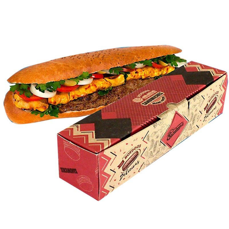 Produk kustom pembuangan kotak anjing panas cetak kustom wadah makanan cepat kemasan kotak kertas Kraft untuk makanan ringan Burger Sa