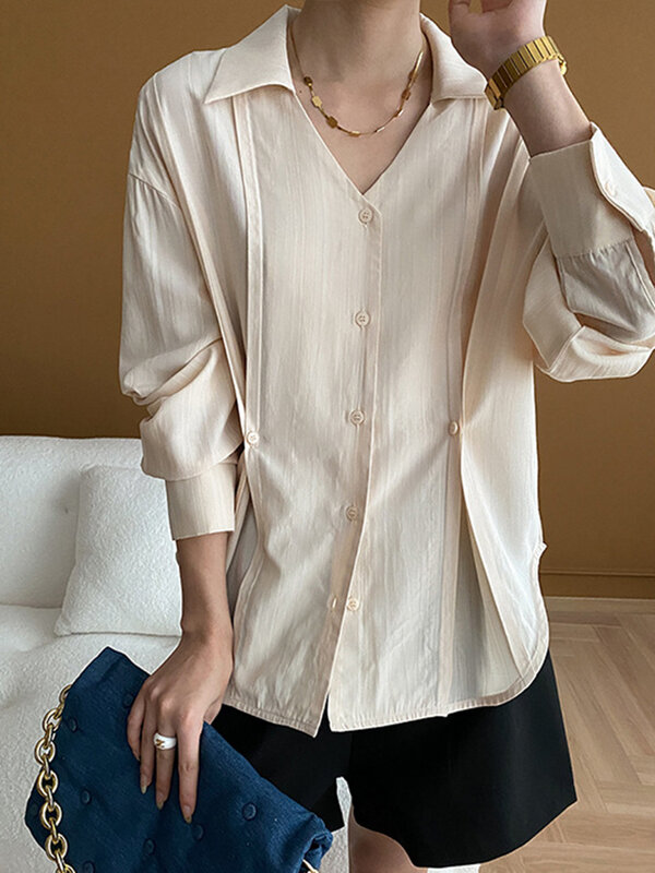 Рубашка LANMREM женская с присборенной талией, Офисная однобортная блуза с отложным воротником, лето 2024