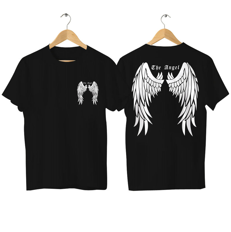 Camiseta de cuello redondo con estampado de alas blancas de ángeles para hombre, ropa holgada de gran tamaño, Harajuku, S-3XL