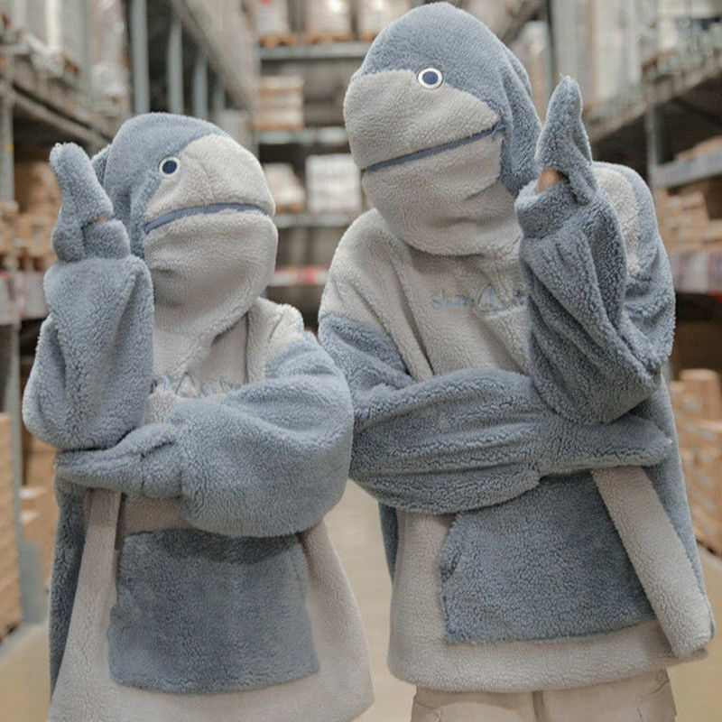 เสื้อฮู้ด MODE Korea อบอุ่นทรงปลาฉลามสำหรับผู้หญิง, เสื้อโค้ทน่ารักและตลกทรงหลวมมีฮู้ดหนาโอเวอร์ไซส์