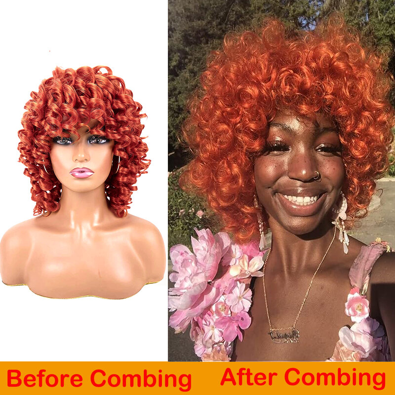Wig keriting ikal Afro pendek Wig Bob keriting memantul oranye untuk wanita Wig rambut Cosplay sintetis tembaga jahe dengan poni
