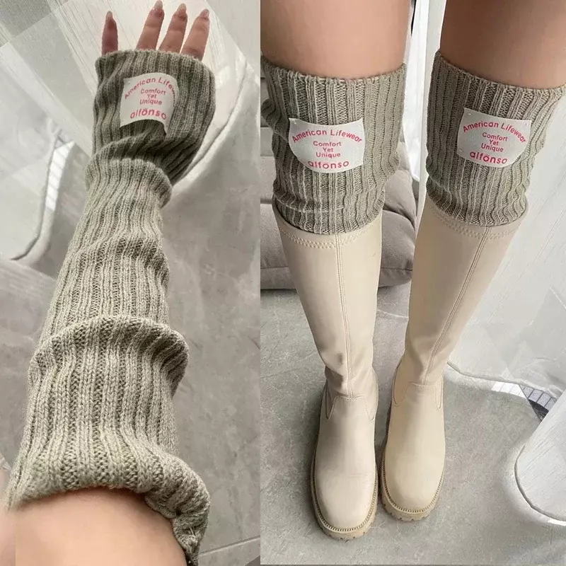Женские теплые носки выше колена с надписью, зимние корейские Вязаные гольфы с рукавами до локтей, женские перчатки без пальцев Y2k