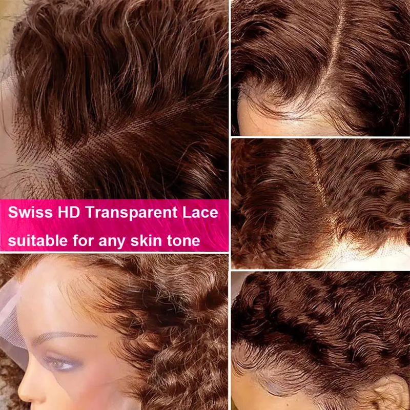 Peluca de cabello humano rizado, postizo de encaje Frontal, transparente, marrón Chocolate, 180% HD, Remy, 13x4