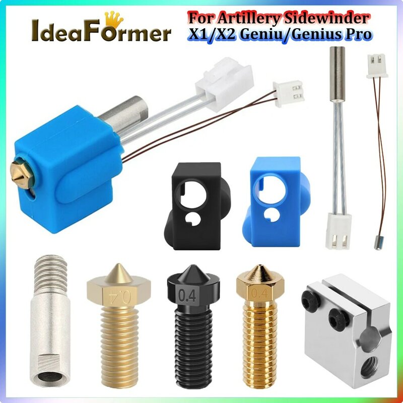 For Artillery Sidewinder X1/X2 Genius Hotend Silicone Sock Heating Tube Thermistor Heat Block Volcano Nozzle Kit Throat Extruder