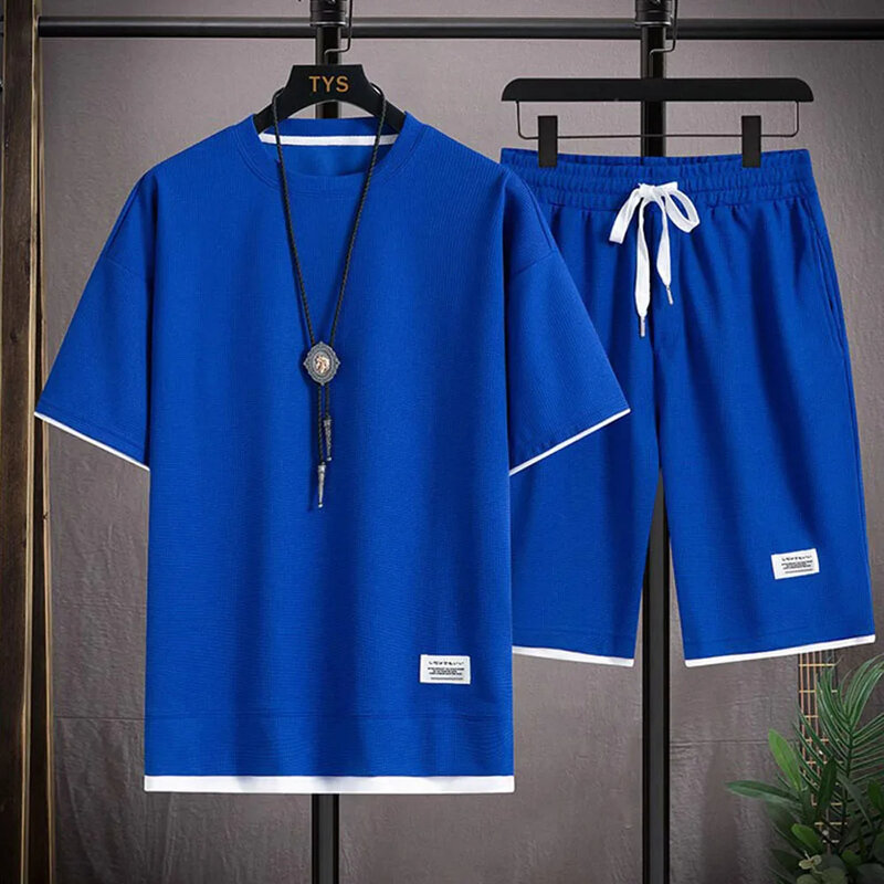Conjunto de dos piezas de tela de lino para hombre, camiseta informal y pantalones cortos, traje deportivo, chándal de manga corta, moda de verano