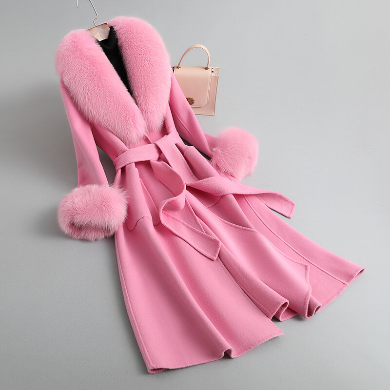 ピュア-女性用のウールブレンドオーバーコート,キツネの毛皮の襟,ベルトコートct2133