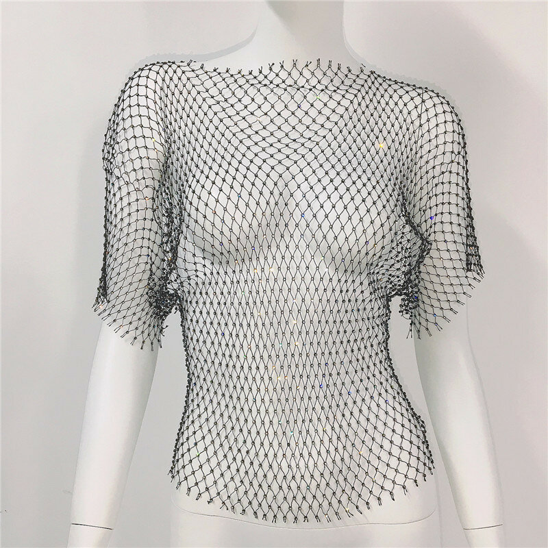Women's Fashion Rhinestone Mesh Long Sleeved T-Shirt Top Sexy Party Fishing Net Cover Up For Women