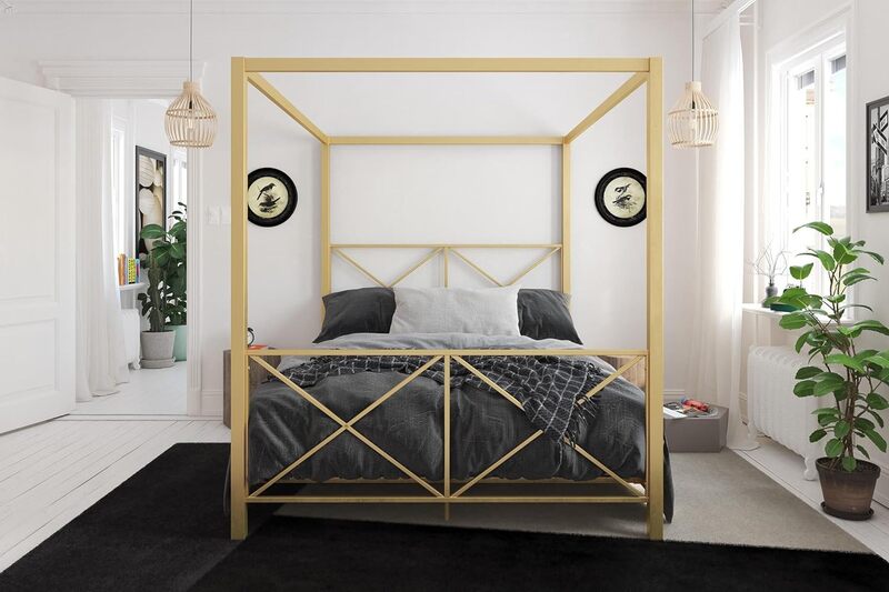 DHP Rosedale-металлическая рама для кровати с навесом, дизайн с четырьмя плакатами, изголовье и подножка с геометрическим акцентом, полная, Золотая