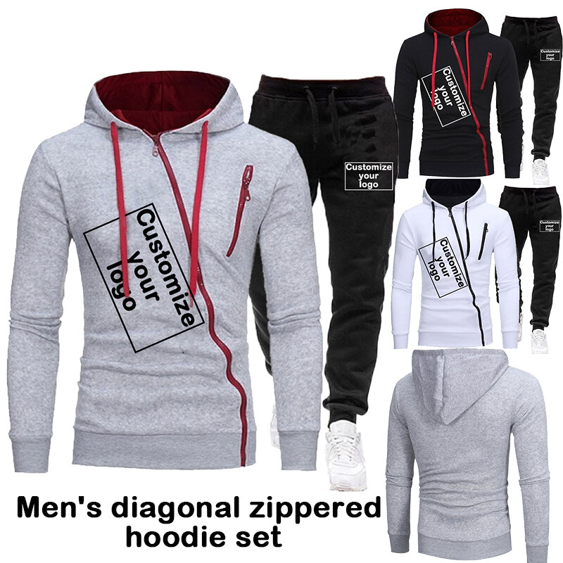 New diagonal zipper men's sportswear customize your logo hooded set men's hooded shirt+pants two-piece sports hooded set