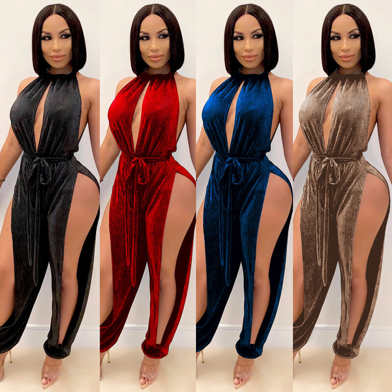 Women's Elastic Slit Jumpsuit, Pants Rompers, Sexy Lace-up, European and American Fashion