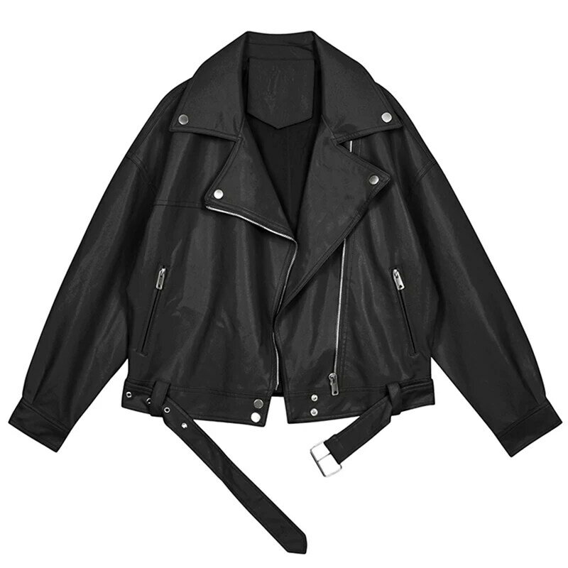 Весенняя женская мотоциклетная куртка из искусственной кожи, Женская однотонная куртка с ремнем, свободная повседневная куртка в стиле бойфренд, 2023