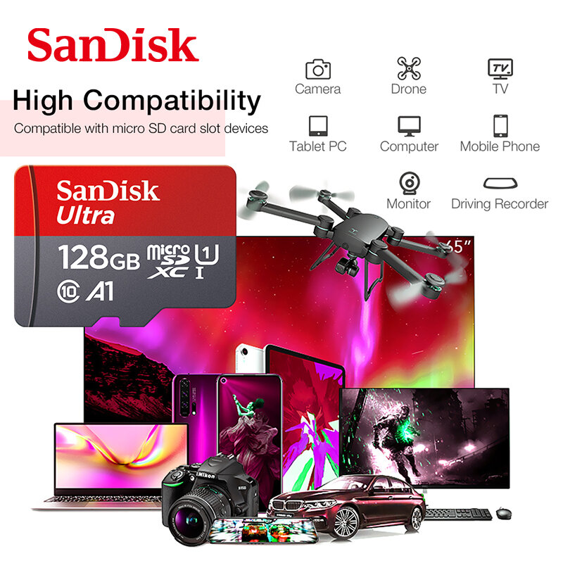 SanDisk Ultra MicroSDXC UHS-I kartu memori, kartu SD mikro C10 U1 Full HD A1 64G 128G 256G 512G Max To 100 MB/s untuk ponsel Camare