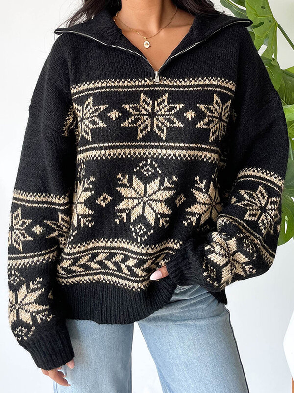 여성용 크리스마스 스웨터, 긴 소매 턴다운 칼라, 오버사이즈, 못생긴 홀리데이 니트 풀오버