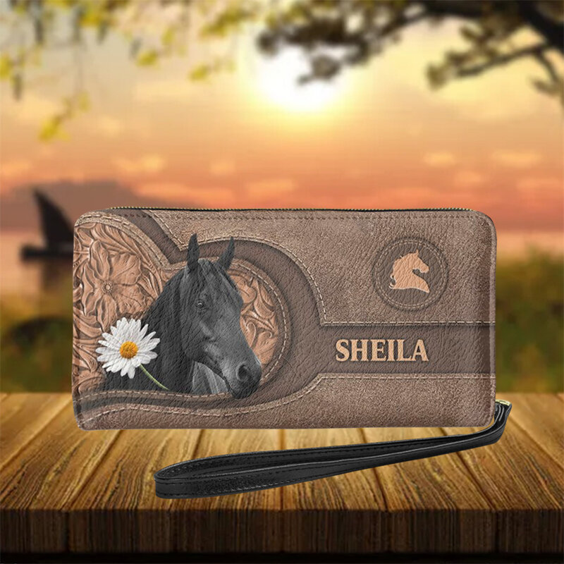 Cartera larga de cuero con cremallera para mujer, cartera de mano de PU con diseño de flor de caballo, monedero femenino de gran capacidad, tarjetero
