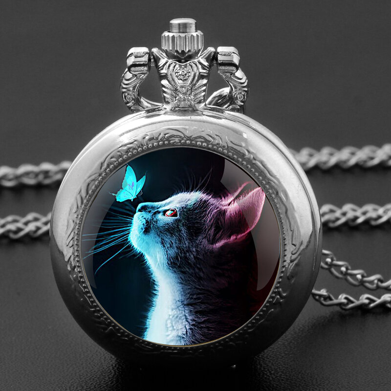 Ctue-Montre de poche à quartz chat pour hommes et femmes, verre créatif, collier breton, pendentif unique, horloge en argent, accessoires cadeaux, mode