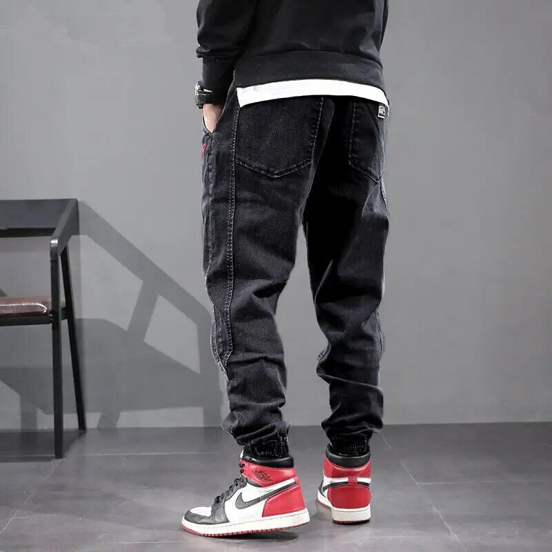 Calça Jeans Solta dos homens Elástico Arlequim Jogging Jeans Esportes Casual Calças Streetwear Hip Hop Calças Plus Size 5Xl