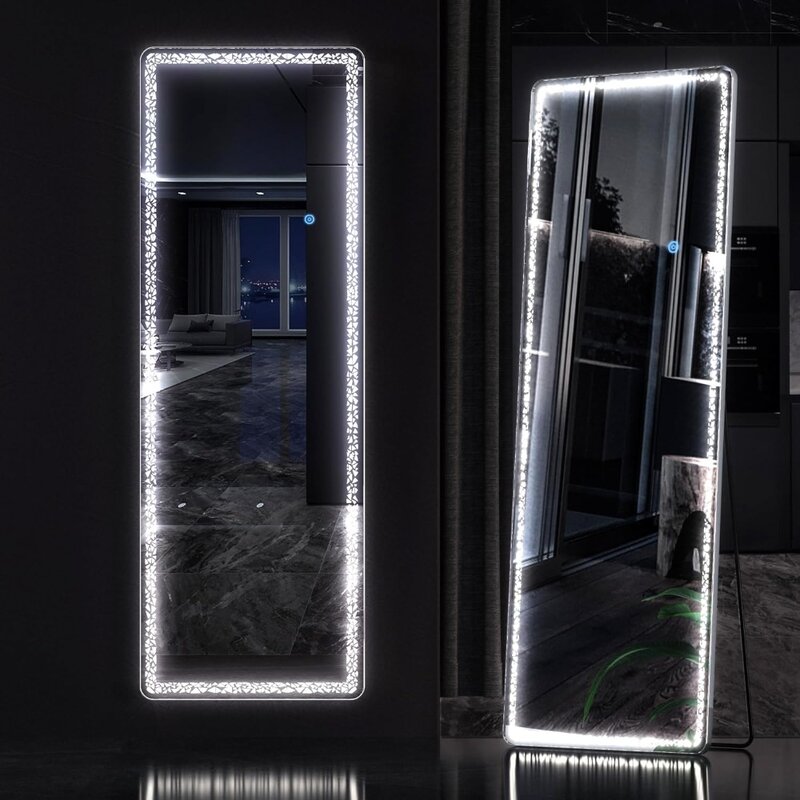 مرآة قائمة بإضاءة ليد ، طول كامل ، ضوء نمط مثلث ، أثاث غرفة المعيشة ، المنزل ، ضوء أبيض ليد 64 في X 21 ، أبيض