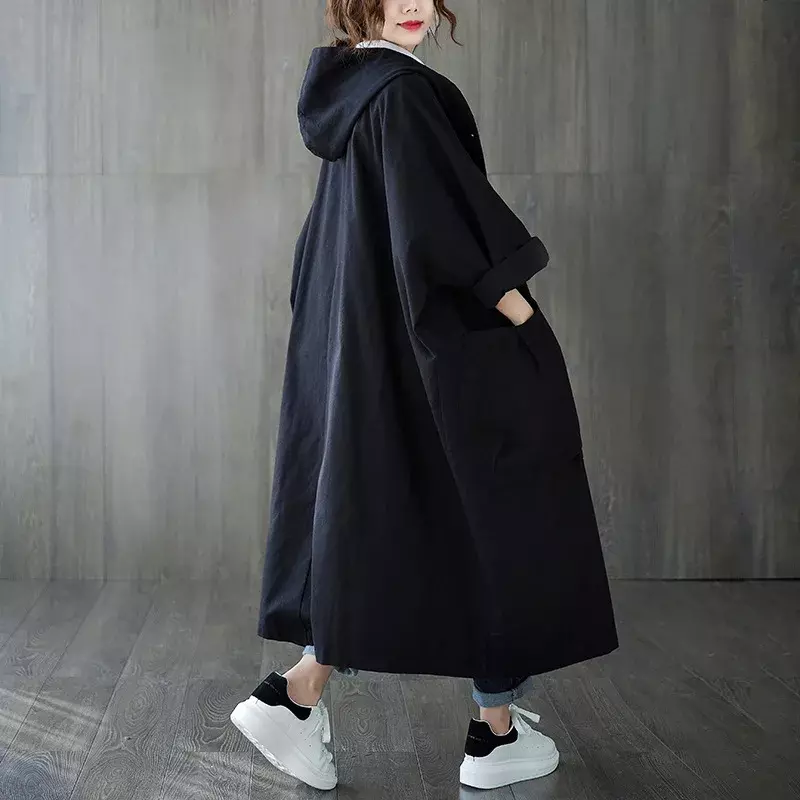 Trench Coats Women Splice Hooded Jackets Full Sleeve Single Breasted Knee Length Coat Loose Casual Regular Temperament 2024