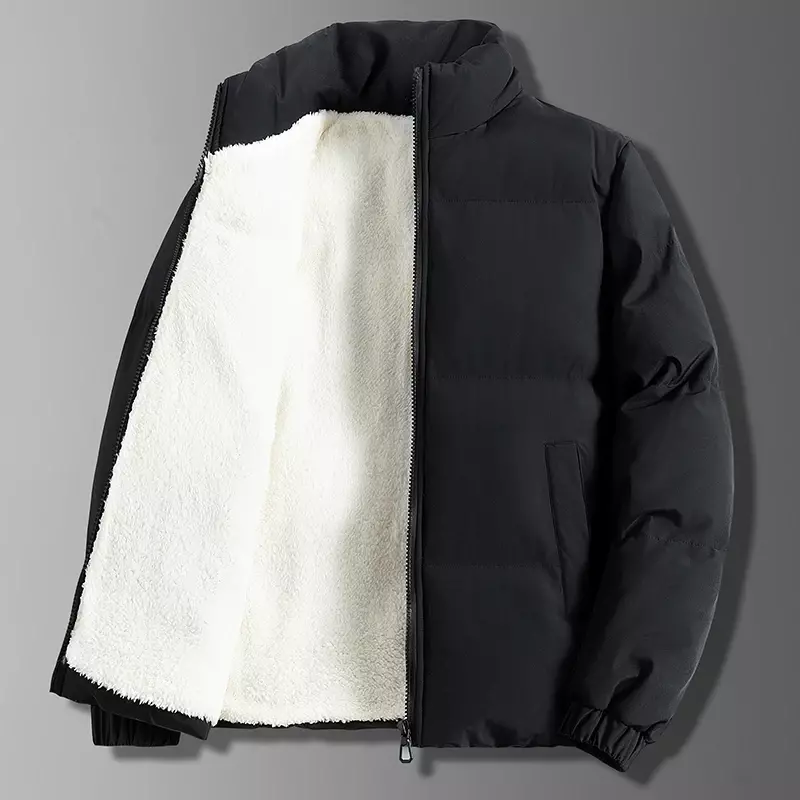 Jaket Puffer berlapis bulu pria, mantel kasual kerah berdiri musim gugur musim dingin katun hangat tebal 2023