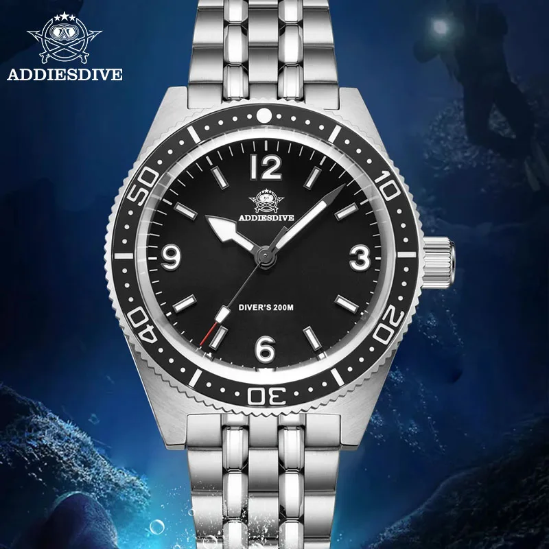 Addiesdive นาฬิกาควอทซ์ธุรกิจสำหรับผู้ชายนาฬิกาสแตนเลส20Bar กันน้ำนาฬิกากีฬาเรืองแสงนาฬิกา AD2033เรืองแสง