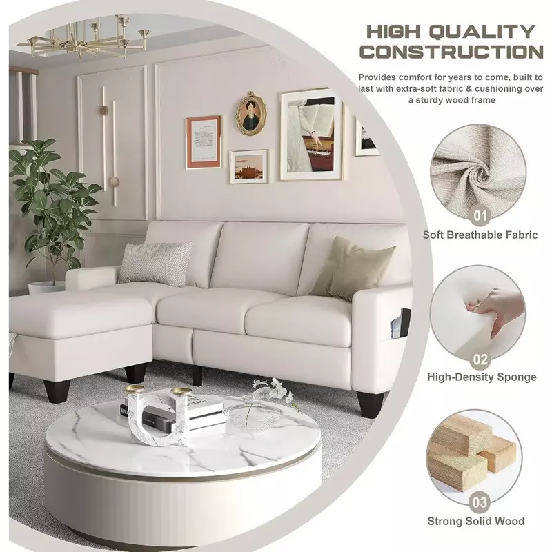 Canapé de salon moderne en lin beige, 3 places, en forme de L, meubles avec pied réversible et canapé de rangement