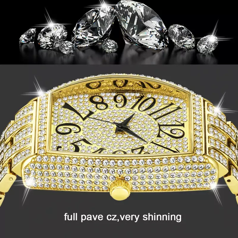 Relógio masculino de luxo, estilo hip hop, estojo em ouro ou prata, relógio de pulso de quartzo e com diamantes, dropshipping, 2020