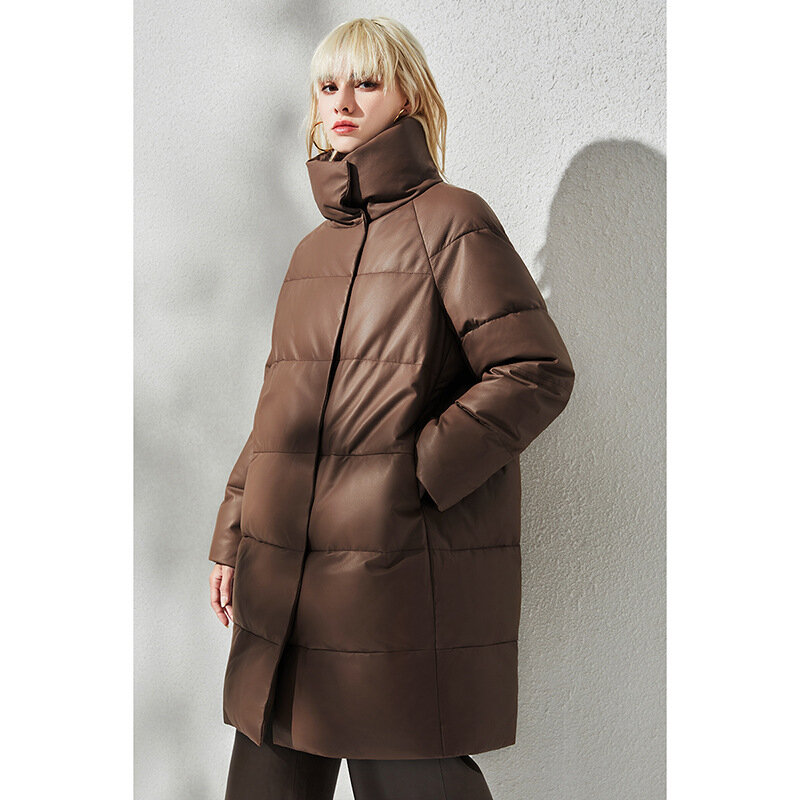 Women's Mid-Length Straight Leather Down Jacket, Stand Collar, Natural Sheepskin, Women Fashion, Genuine Warm Coat, Winter