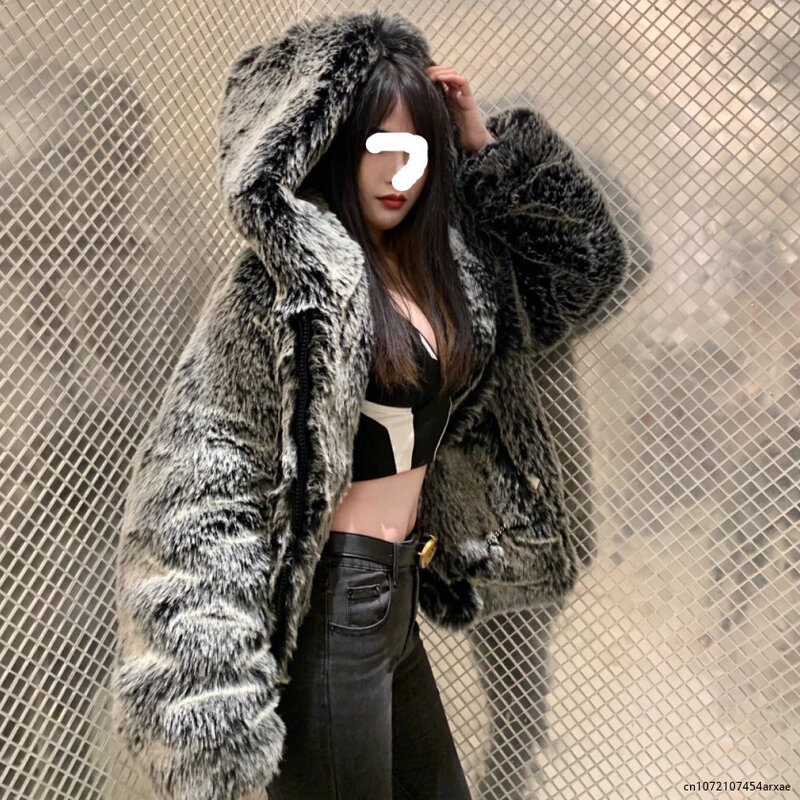 Long Fur Coat Women Hooded Jacket Furry Overcoat Faux Fox Fur Coat Winter Thick Warm Fluffy Outerwears 2023