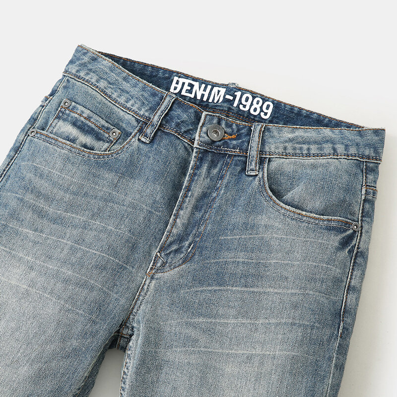 Celana Jeans pria Vintage mode Eropa kualitas tinggi Retro biru elastis Slim Fit polos dicuci celana Denim desainer Hombre