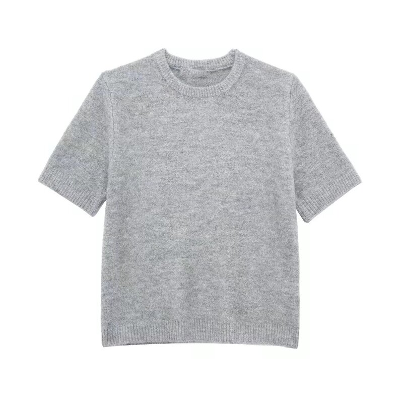 Suéter de punto con cuello redondo para mujer, Jersey informal versátil de manga corta, Tops elegantes, 2023