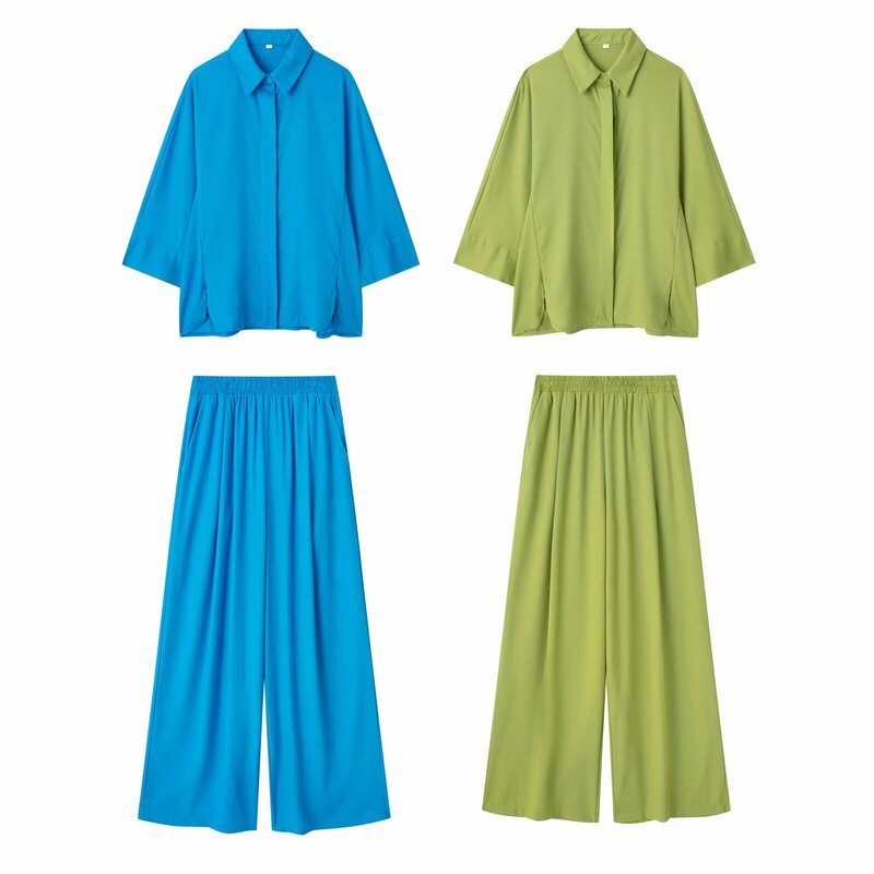 Suit Women's 2-piece 2024 New Stylish and Comfortable Linen Long-sleeved Shirt Retro Top+elastic Waist Wide-leg Pants Suit