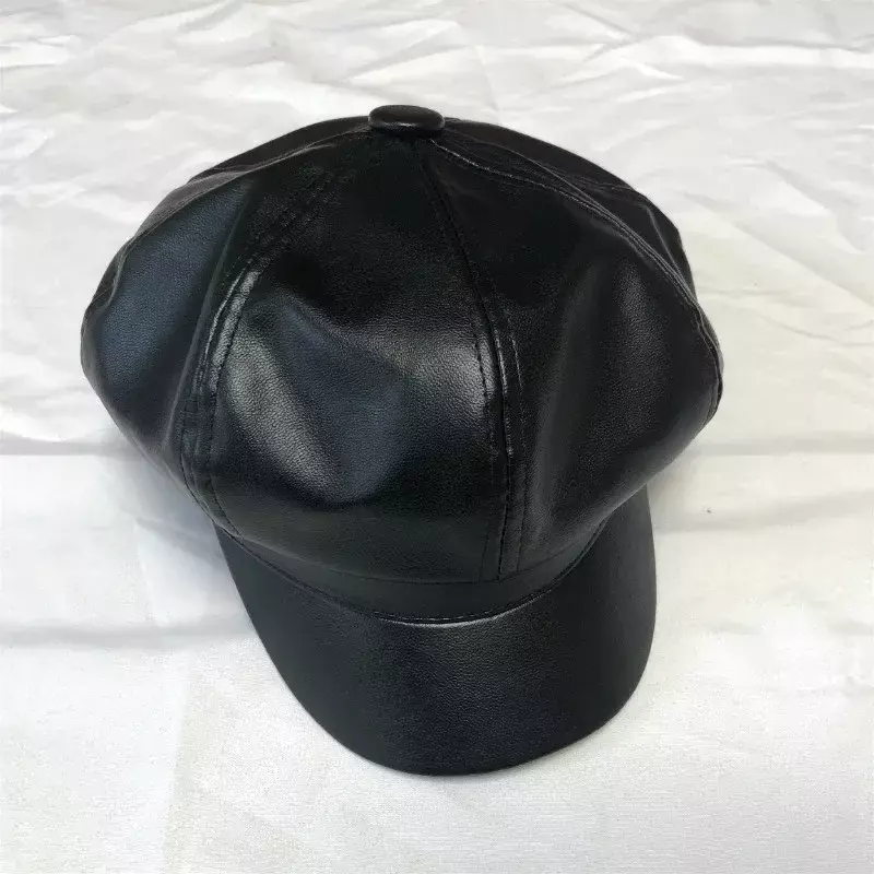 PU Octagonal Cap Female Fashion Leather Cap Duck Tongue Cap Beret Women Hat Winter Hat