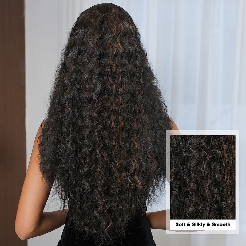 Long Afro Water Wave Lace Frontal Synthetic Wigs Natural Black Highlight Brown Wigs Kinky Curly Glueless Lace Wig for Brazilian