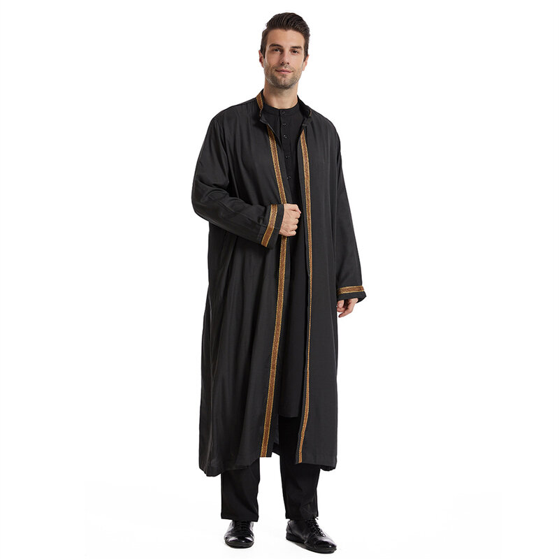 Kimono hitam Jubba Thobe untuk pria, pakaian Muslim Arab Saudi, jubah Arab Timur Tengah, Turki Abaya Dress Thobe Lebaran
