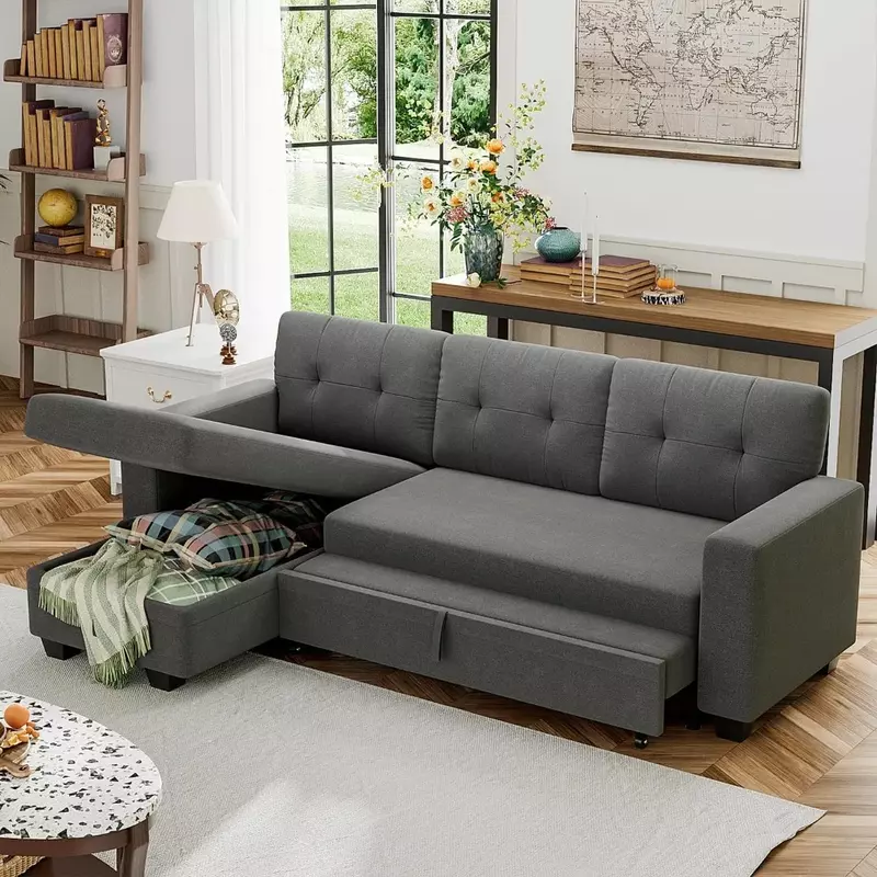 Sofa tempat tidur dapat dibalik dan dikonversi, tidur sofa tarik ke luar dengan rantai penyimpanan, furnitur linen untuk ruang tamu, abu-abu gelap