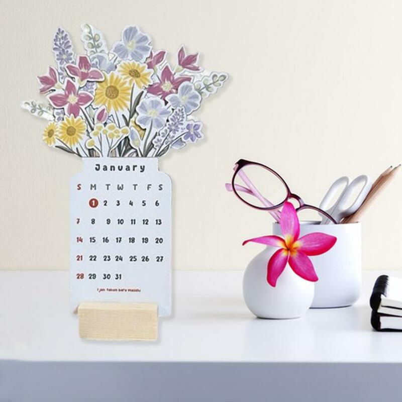 Calendario de escritorio de flores Bloomy con Base de madera, decoración de escritorio mensual para el hogar, oficina, escuela, 12 meses, 2024, 2024