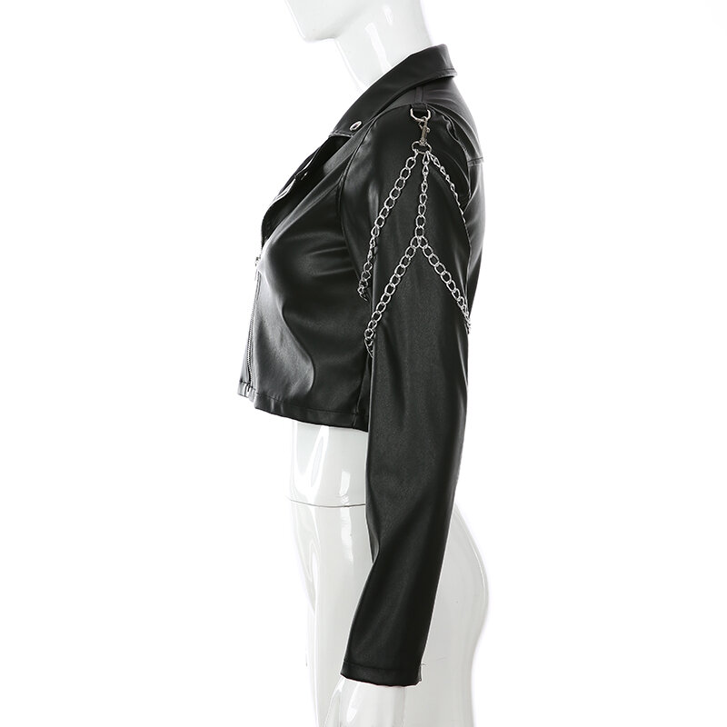 Vangull-女性用合成皮革ジャケット,長袖,チェーン付きイミテーションレザーコート,ジッパー式トレンチ