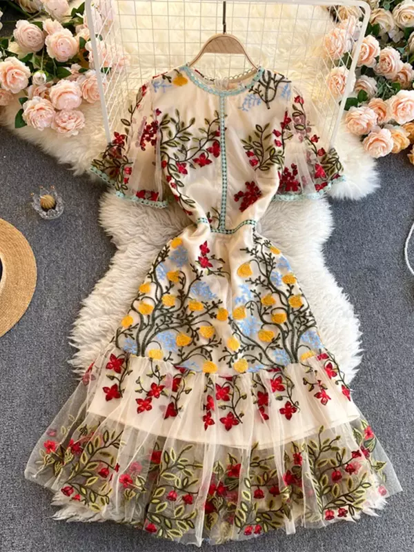 Женское элегантное Сетчатое кружевное платье с цветочной вышивкой, разноцветное летнее платье-Русалка с коротким рукавом-бабочкой и оборками в стиле Харадзюку