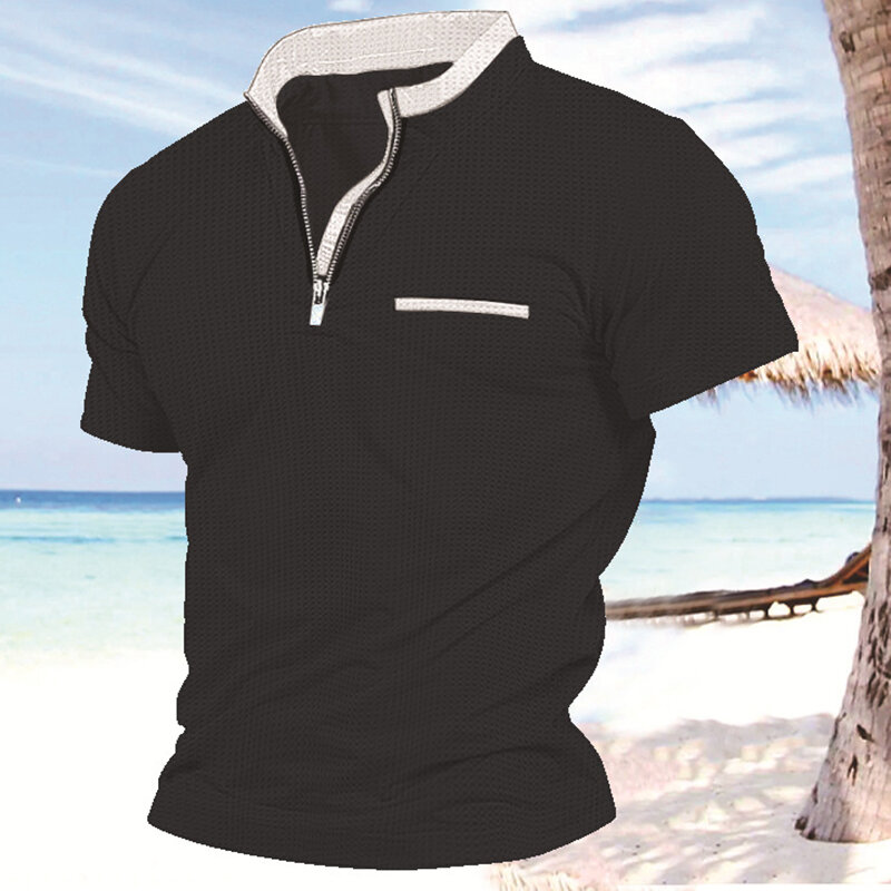 Vintage Waffel Patchwork Polo T-Shirt für Männer Sommer Kurzarm Reiß verschluss Stand Kragen Polos Herren Shirt neue lässige lose Pullover