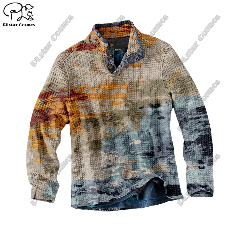 PLstar Cosmos new 3D printing tribal retro pattern series warm stand collar sweater Polo street casual unisex winter Polo L-11