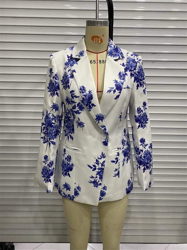 KEYANKETIAN 2024 New Launch Women's Flower Print Vintage suit Asymmetrical One-Button Slim Outerwear Office Lady Short Coat Top