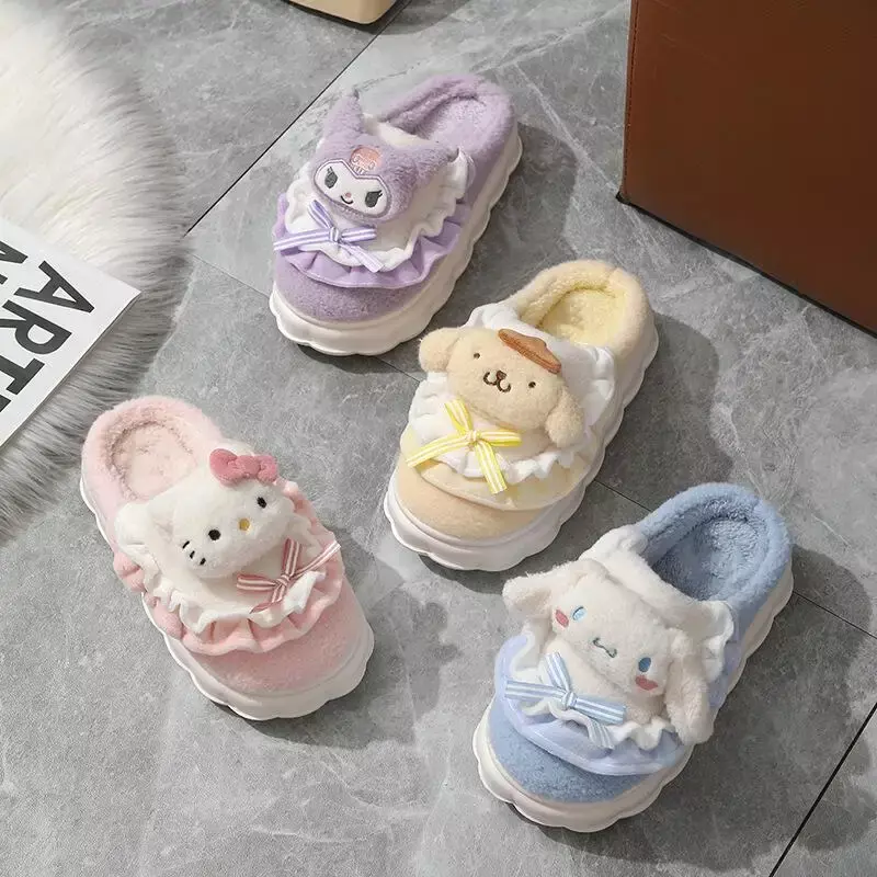 Тапочки Sanrio с героями мультфильмов Hello Kitty My Melody Kuromi Cinnamoroll осенне-зимняя теплая хлопковая мягкая домашняя обувь праздничные подарки