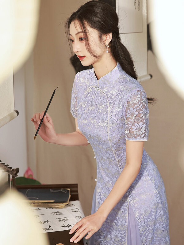 Sommer Vintage Mandarine Kragen Cheong sam Kurzarm Kleid traditionelle Kostüme elegante Qipao