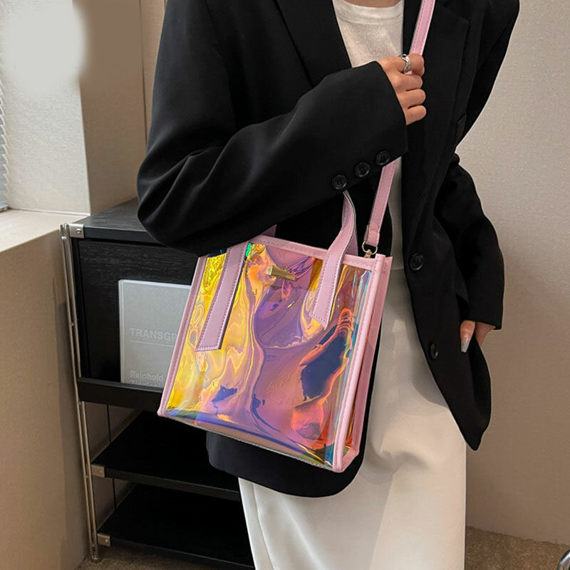 Tas transparan jeli musim panas mode wanita SATU bahu selempang merah muda Laser PVC tas jinjing berkualitas tinggi Feminina