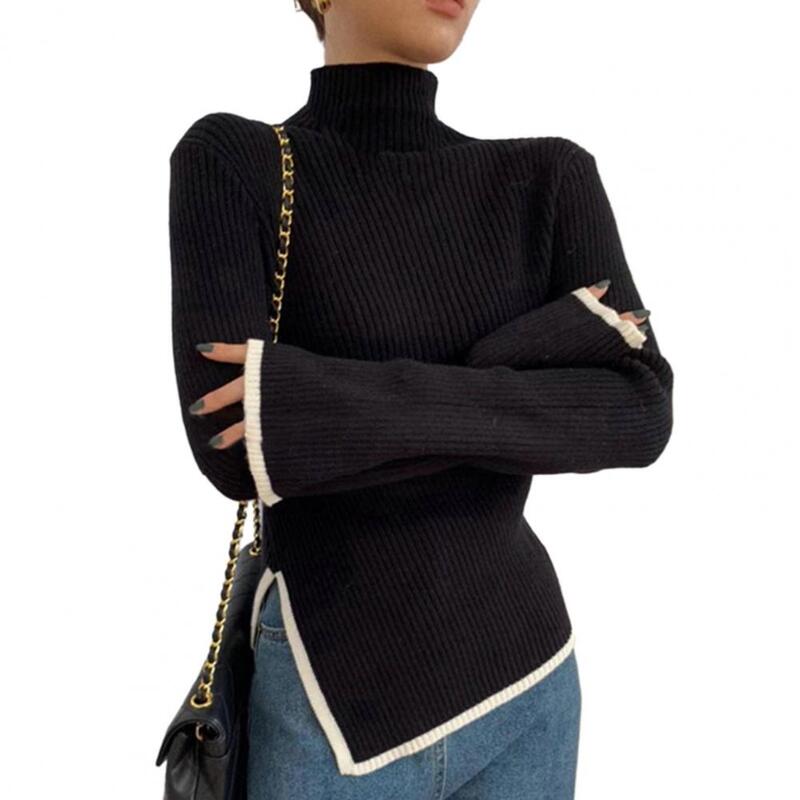 Turtleneck Sweater Cozy High Collar Knitted Sweater for Women Irregular Split Hem Pullover with Warm Neck Protection for Fall