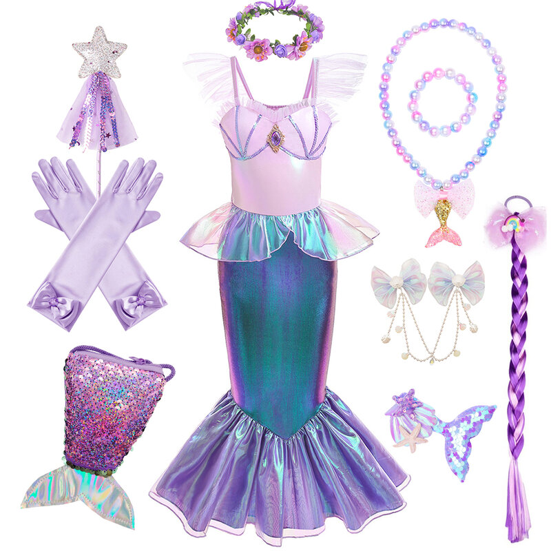 Ariel Cosplay Costume for Children, Princess Dress, Birthday Gift, Halloween, Festa de Carnaval, Role Play, Roupas extravagantes, 2-10 Anos